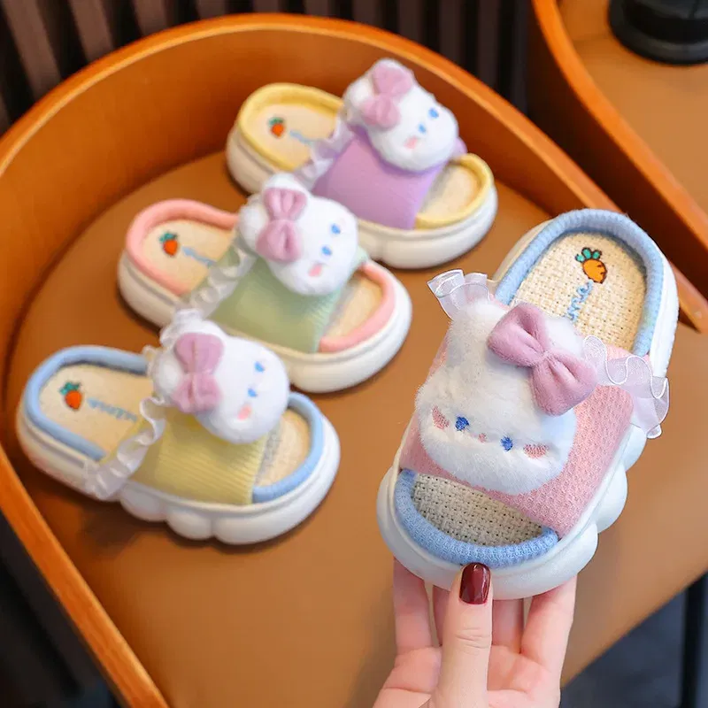 Color: Beige, Shoe Size: 5 - Women's Slippers Casual Cute Cartoon Open Toe Platform Slippers Girls' Breathable, Lightweight, Non-slip Home Shoes