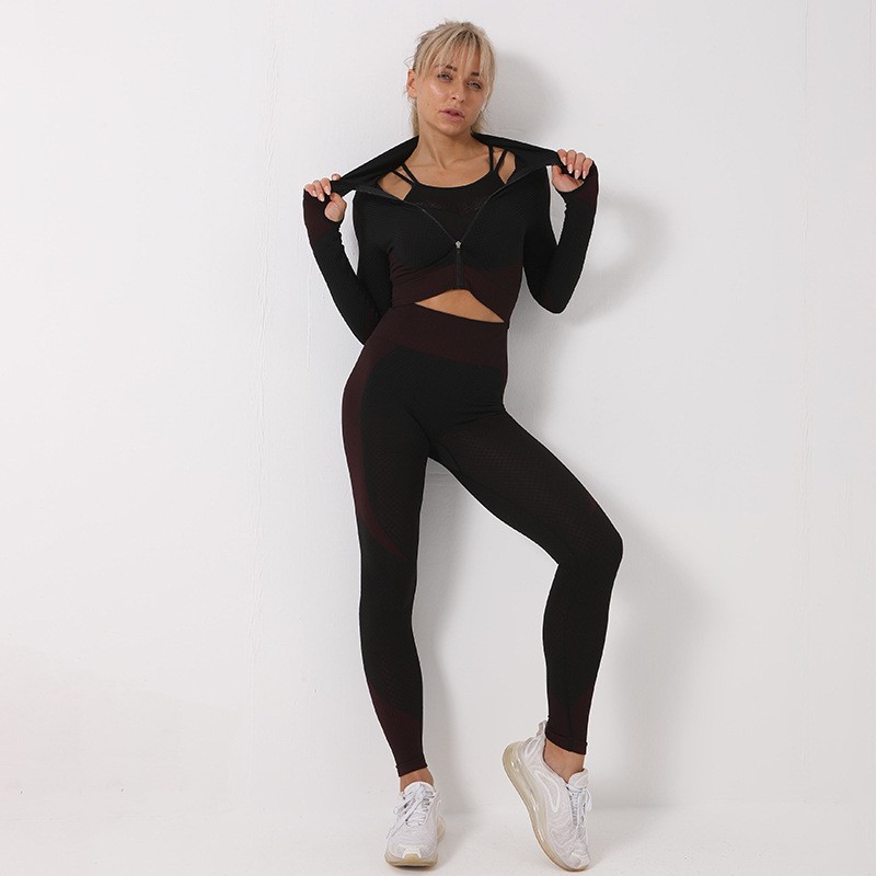Women's 3-Piece Seamless Yoga Set: Leggings, Crop Top Sports Bra, Fitness Gym Outfit