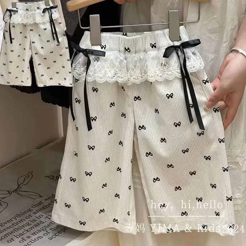 Color: Beige, Kid Size: 5T - New Girls Bow Print Pants Spring Kids Wide-leg Trousers Fashion Elastic Loose Pants Autumn Children Bowknot Trousers 2-8 Years