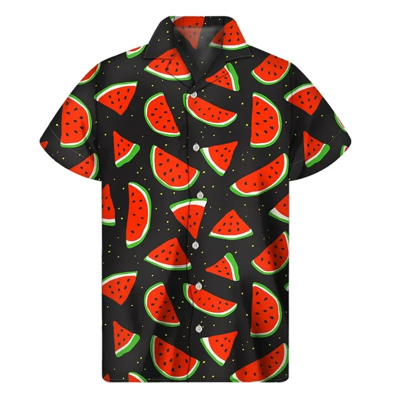 Color: Khaki, Size: XXXL - Tropical Watermelon Graphic Hawaiian Shirt Summer Street Short Sleeves 3d Printed Fruits Button Shirts Men Clothes Lapel Blouse
