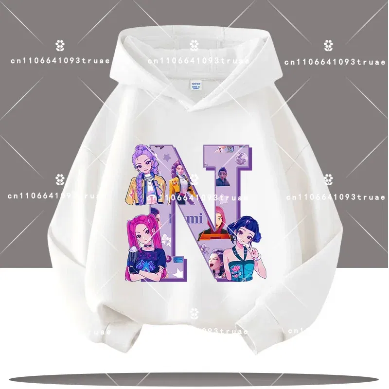 Color: Khaki, Kid Size: 5 - K-pop Demon Hunters Letter A-Z 3-12 Year Old Children Hooded Sweatshirt Girls' Casual Shirt Boys' Sports Shirt Cartoon Print