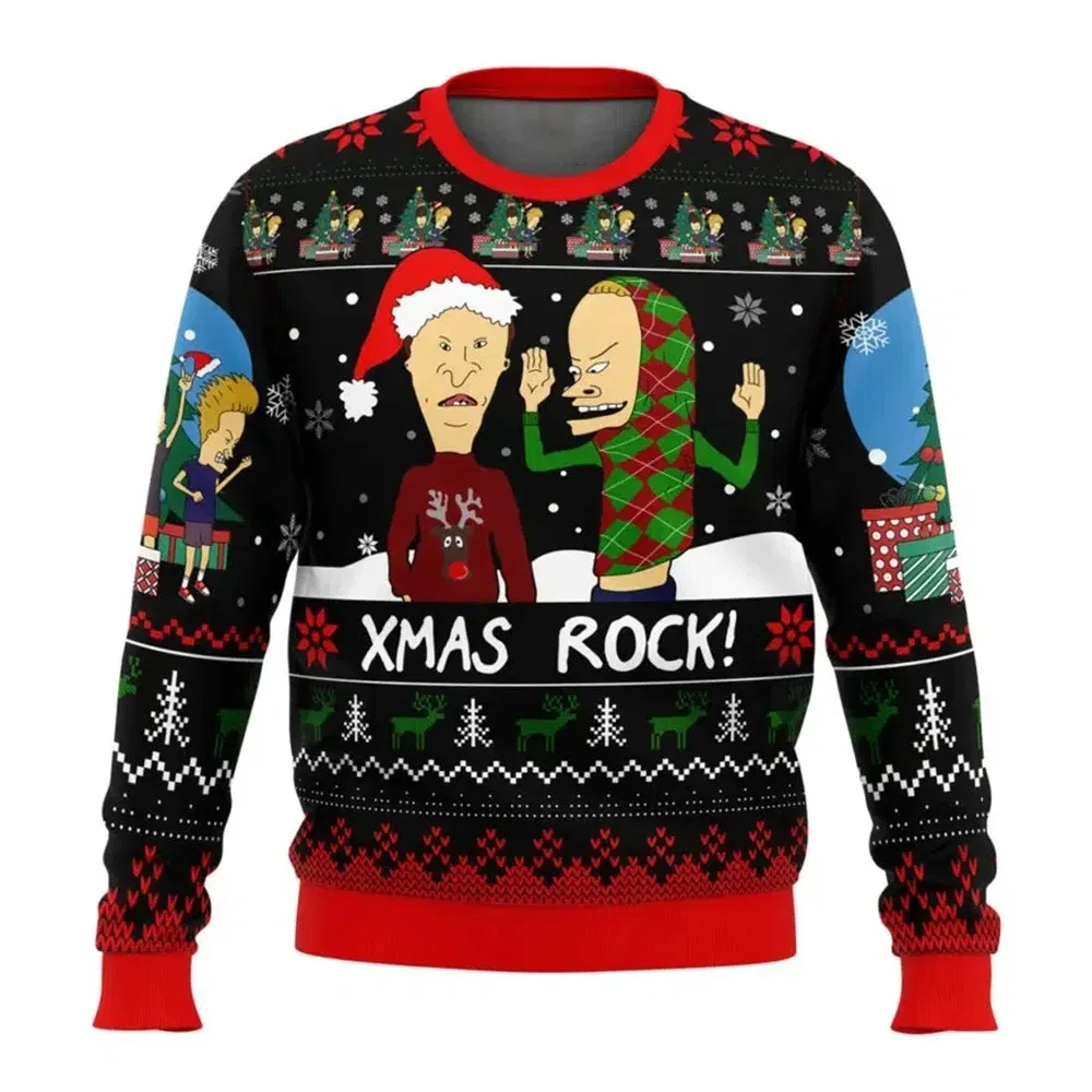 Color: Brown, Size: XXL - Xmas Rock Beavis and Butthead Ugly Christmas Sweater Cartoon Anime Women Men Pullover Tops New Fashion Couple Hoodie Sweatshirt
