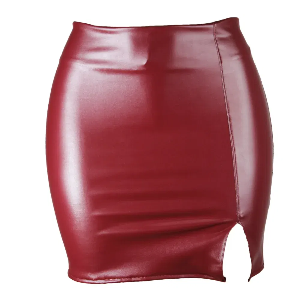 Color: Burgundy, Size: XXL - S M L XL XXL Women's Skirt High Waist Split  Leather Skirt Wrap Hip Skirt Plus Size Pencil Skirt