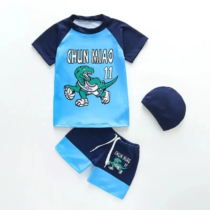 Size: 24M, Color: Blue - Summer Boys Swimsuit for Kids Split Sun Quick Dry With Swim Cap Swimsuit Cartoon Boys Set