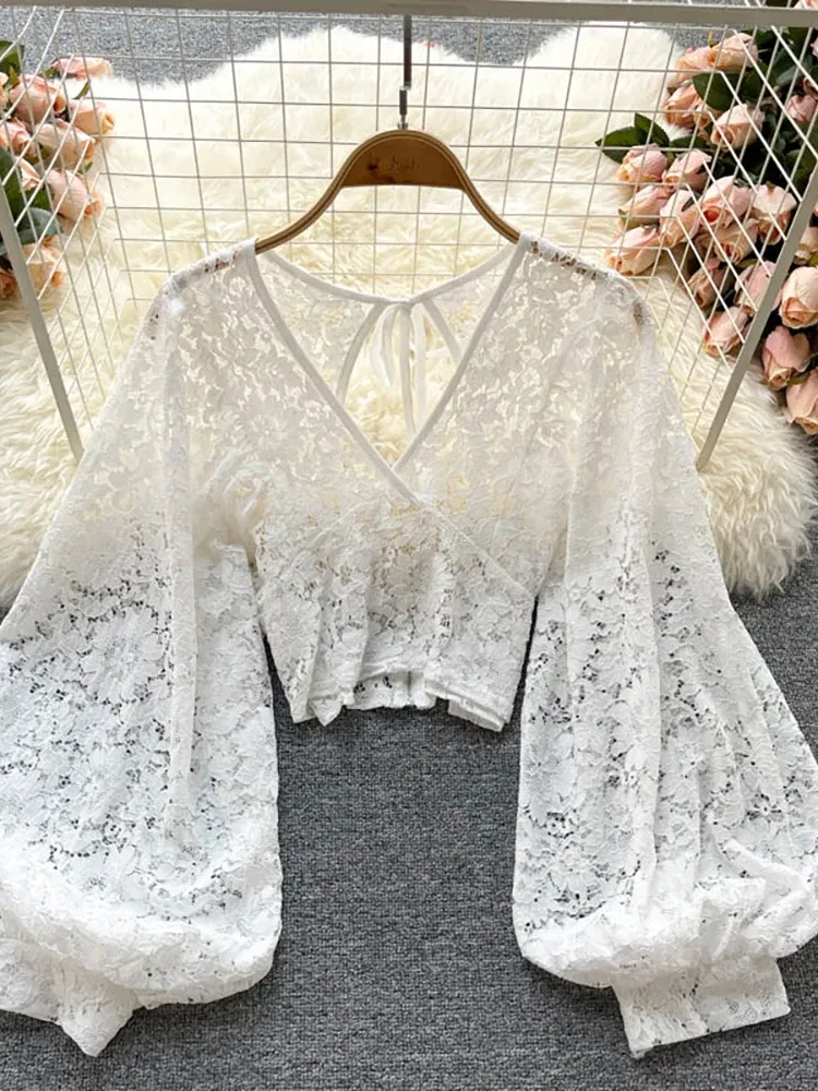Color: black, Size: One Size - Autumn Black/White/Brown Sexy Lace Blouse Women Elegant V-Neck Puff Long Sleeve Open Back Short Tops Female Party Blusas 2021