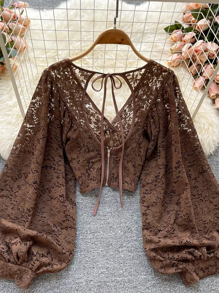 Color: black, Size: One Size - Autumn Black/White/Brown Sexy Lace Blouse Women Elegant V-Neck Puff Long Sleeve Open Back Short Tops Female Party Blusas 2021