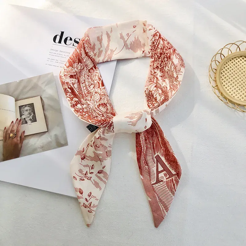 Color: Beige - Sketch Style 26 Letters Temperament Small Scarf Long Silk Scarf Hair Band Narrow Headband Hair Tie Bag Handle Hair Accessories