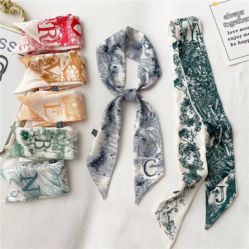 Color: Beige - Sketch Style 26 Letters Temperament Small Scarf Long Silk Scarf Hair Band Narrow Headband Hair Tie Bag Handle Hair Accessories