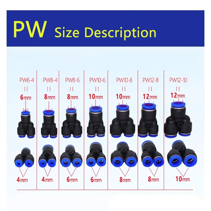 PW Y-type Pneumatic fitting Reducing Tee Straight Through 4 to 12mm plastic hose quick couplings