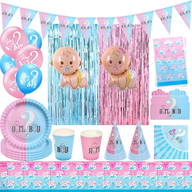 Color: multi - Gender Reveal Party Decorations Disposable Tableware Plates Cups Napkins Tablecloth Boy Girl Balloon Fringe Curtain
