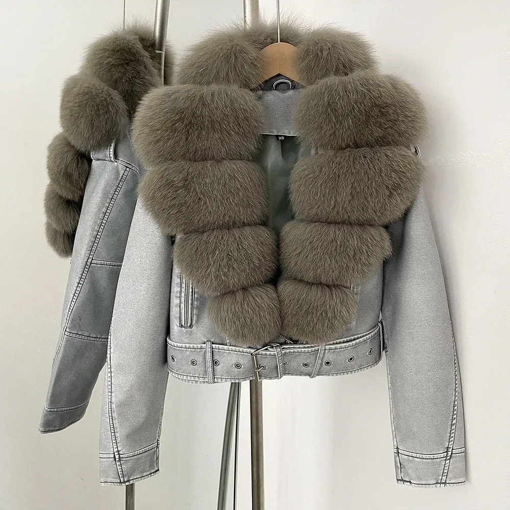 Color: WHITE, Size: XL - Fake Leather Coat New Natural Fox Fur Autumn Short Faux Leather Jacket Female Spring PU Women Long Sleeve Real Fur Coat Thin