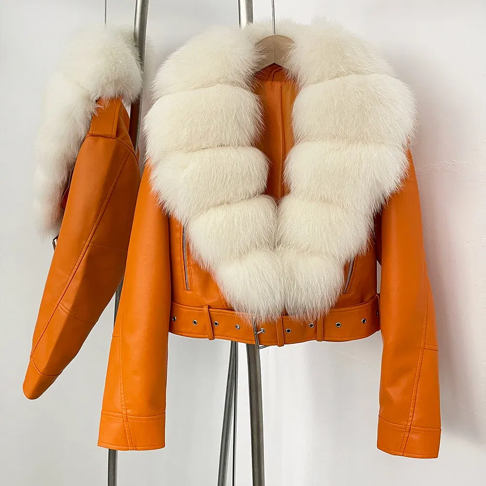 Color: WHITE, Size: XL - Fake Leather Coat New Natural Fox Fur Autumn Short Faux Leather Jacket Female Spring PU Women Long Sleeve Real Fur Coat Thin