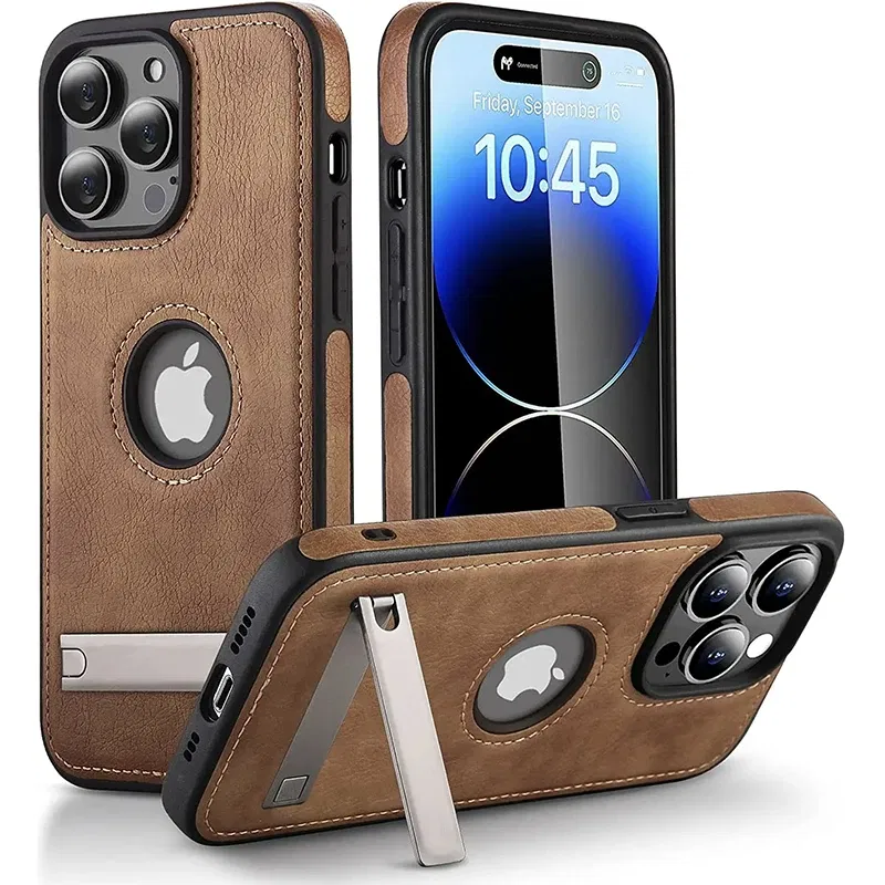 Color: Beige, Material: leather - PU Leather Kickstand Phone Cases for iPhone 15 Pro Max 14 Plus 11 13 12 Mini Mobile Case with Holder Luxury Slim Shell Cover