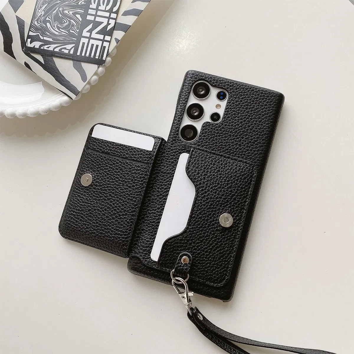 Color: black, Material: Nylon - Luxury Lanyard Wallet Case For Samsung Galaxy S21 FE S22 S23 Plus Note 20 Ultra A52 A53 A54 5G Lichee Pattern Leather Cover