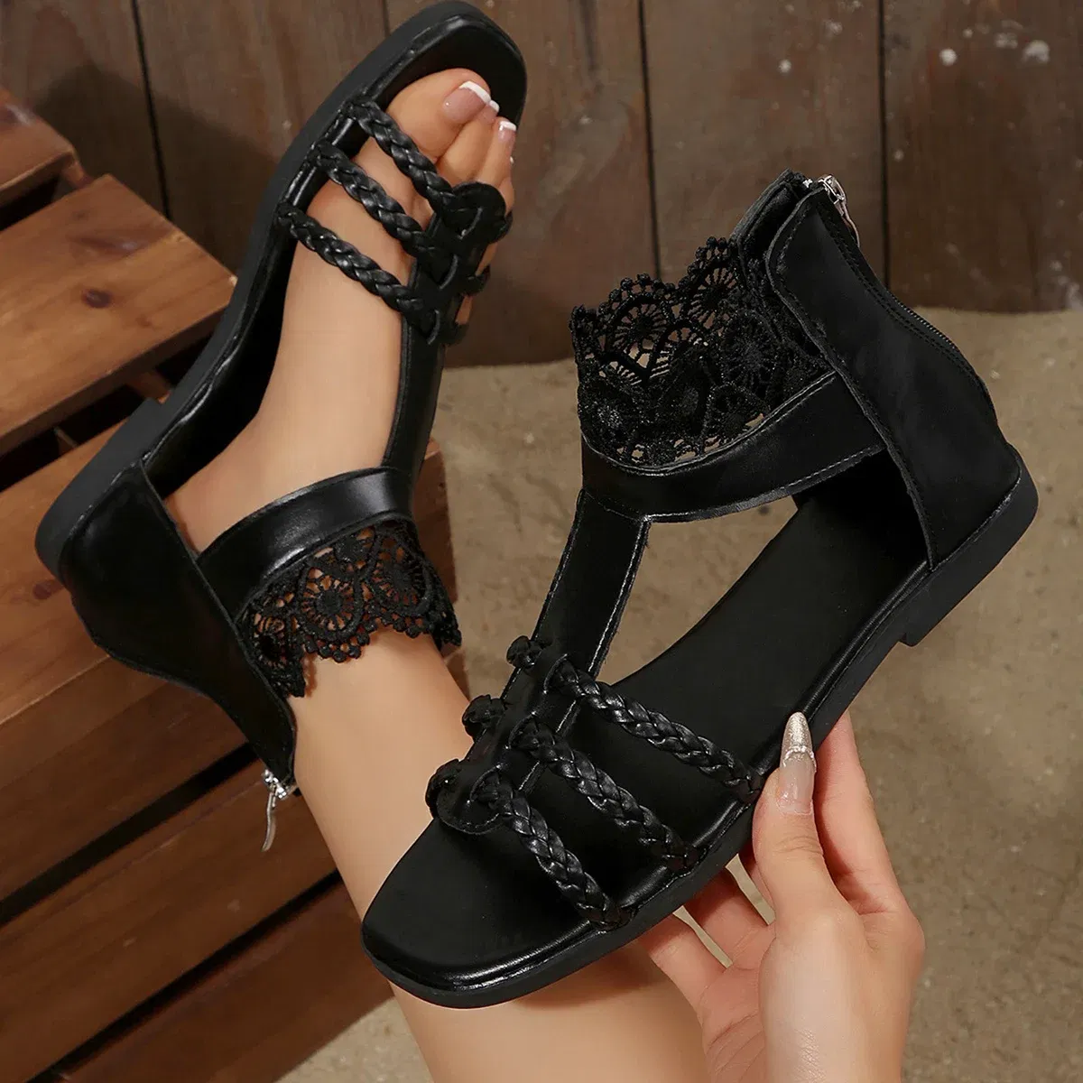 Color: Brown, Shoe Size: 35 - Women's Sandals Flat Bottom Zipper Roman Shoes 2024 Summer Dress Women's Square Toe Fashion Breathable Outdoor Women's Sandals