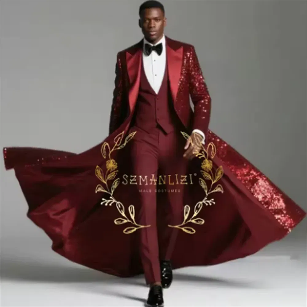 Color: black, Size: L - Burgundy Shiny Sequin Suits Men 3 Pieces Sets Single Breasted Groom Long Blazer Costume Homme Wedding Tuxedo Male Clothing