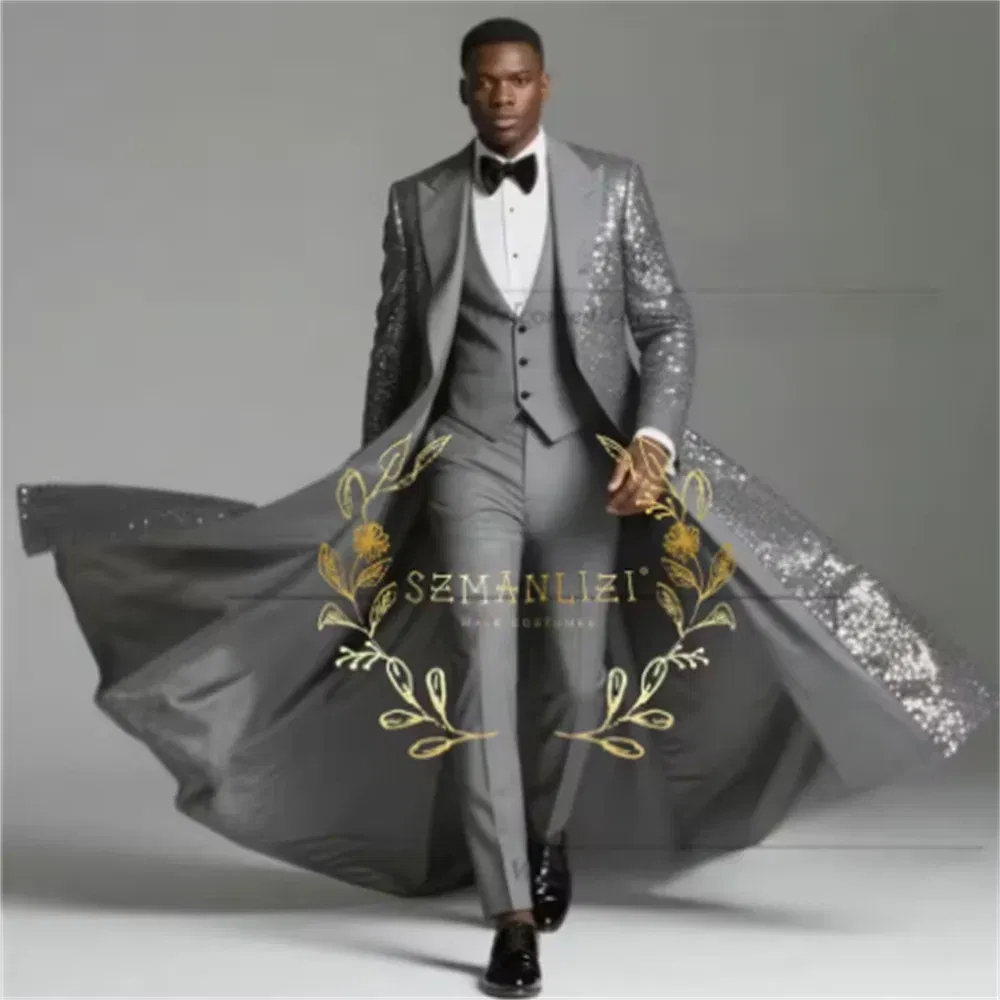 Color: black, Size: L - Burgundy Shiny Sequin Suits Men 3 Pieces Sets Single Breasted Groom Long Blazer Costume Homme Wedding Tuxedo Male Clothing