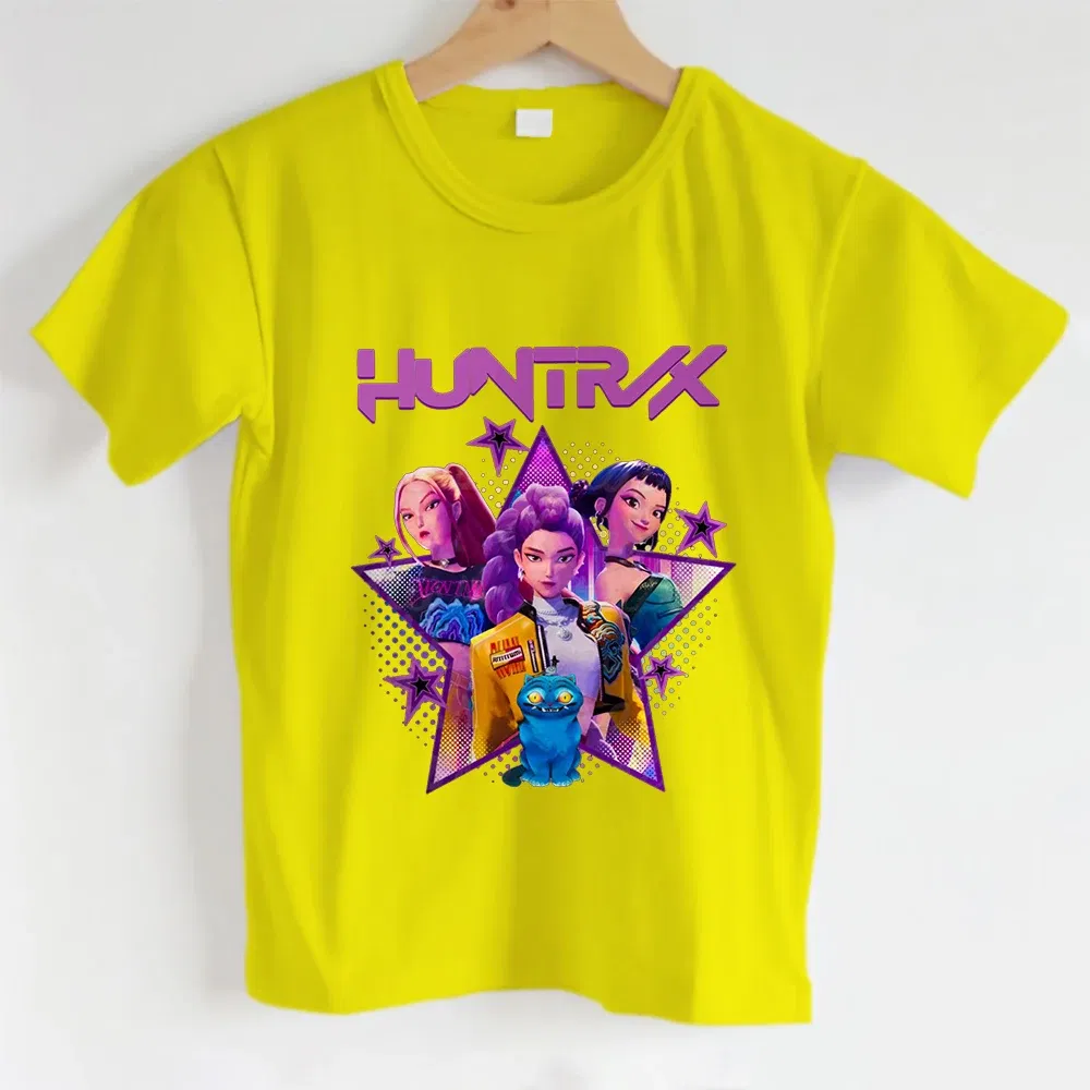 Color: Gold, Kid Size: 10 - KPOP Hunters Anime series pattern Girl T-shirt, Huntrix girl Group cute T-shirt