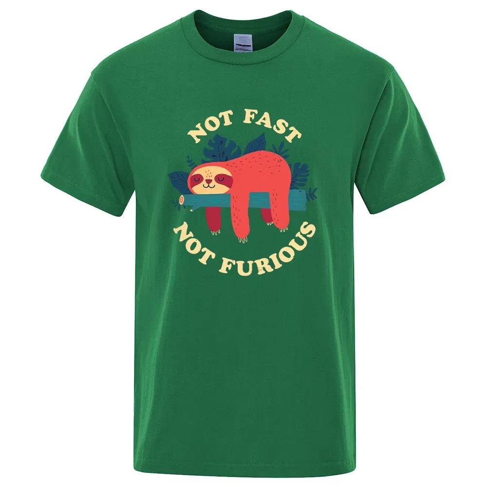 Color: green, Size: XXL - Not Fast Not Furious Sloth Cute Print Men Tee Shirts Breathable Cotton Tops Street Fashion T-shirt Women Casual Summer T Shirts