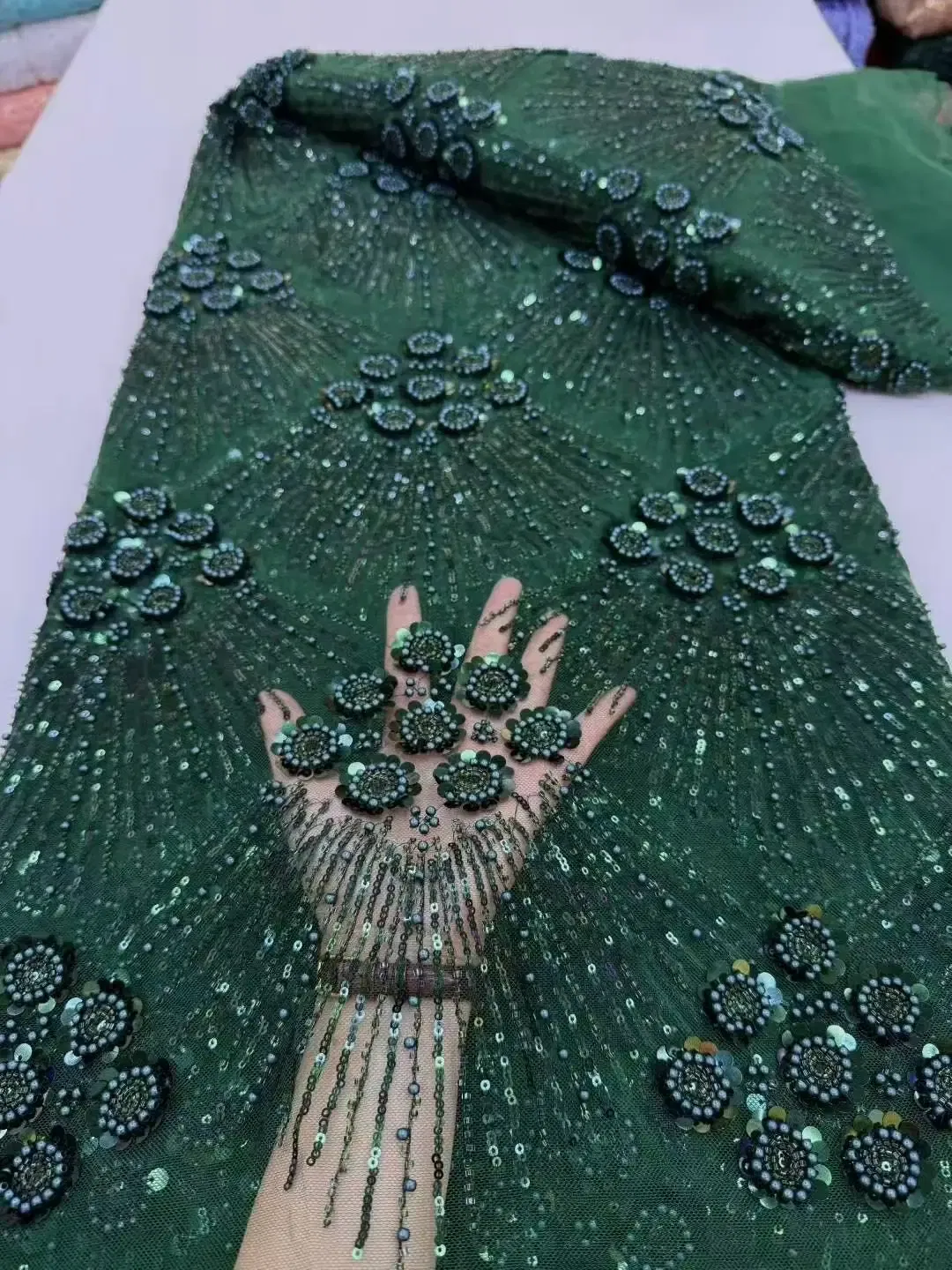 Color: pink, Width: 120cm, Length: 5 yards - African Heavy Beaded Lace Fabric 2025 High Quality Nigerian Sequin Pearl Lace French Tulle Fabric For Wedding Party Dress Sewing