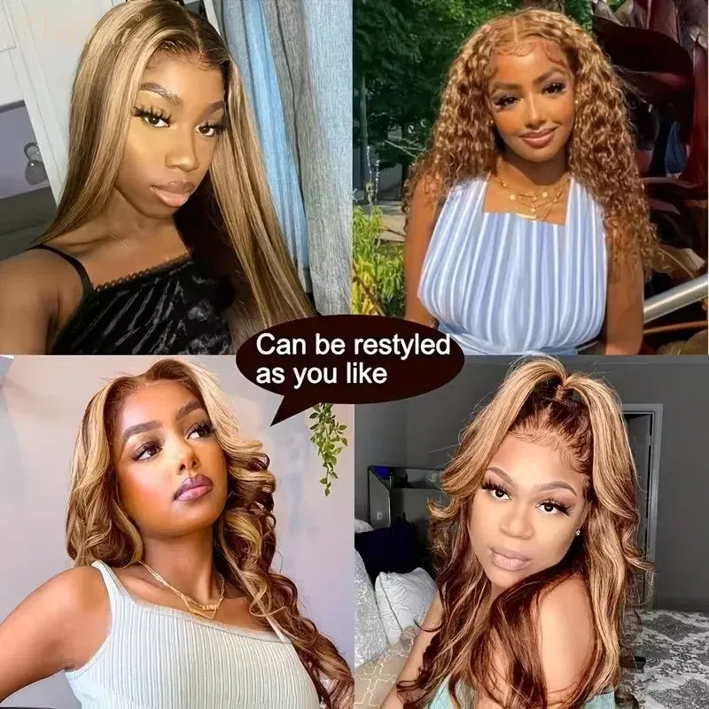 Stretched Length: 18inches, Density: 200% - 13x6 Highlight Brazilian 4/27 Brown Blonde Color Lace Wigs Kinky Straight Transparent Lace Front Human Hair Wig For Women
