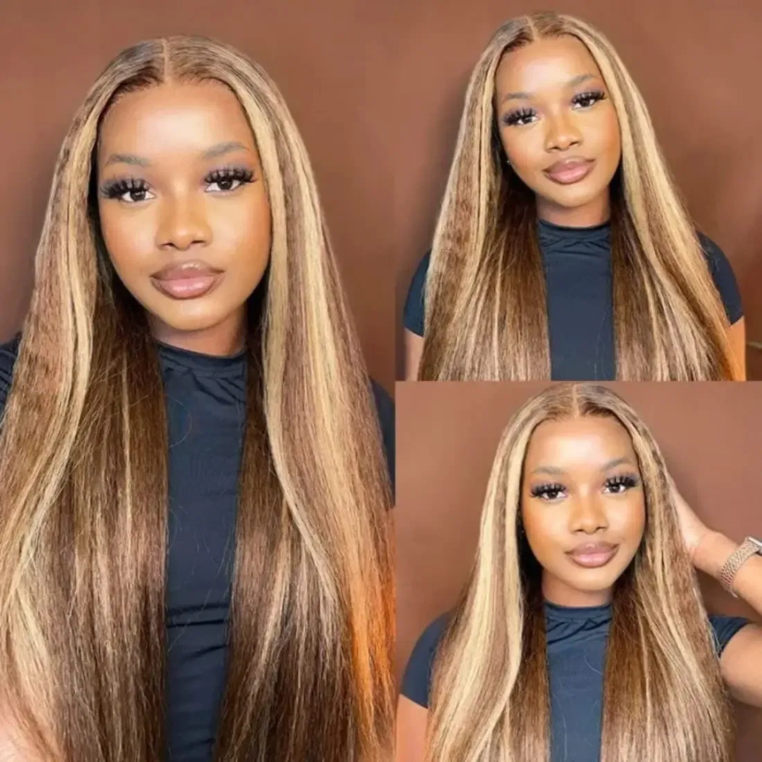 Stretched Length: 18inches, Density: 200% - 13x6 Highlight Brazilian 4/27 Brown Blonde Color Lace Wigs Kinky Straight Transparent Lace Front Human Hair Wig For Women