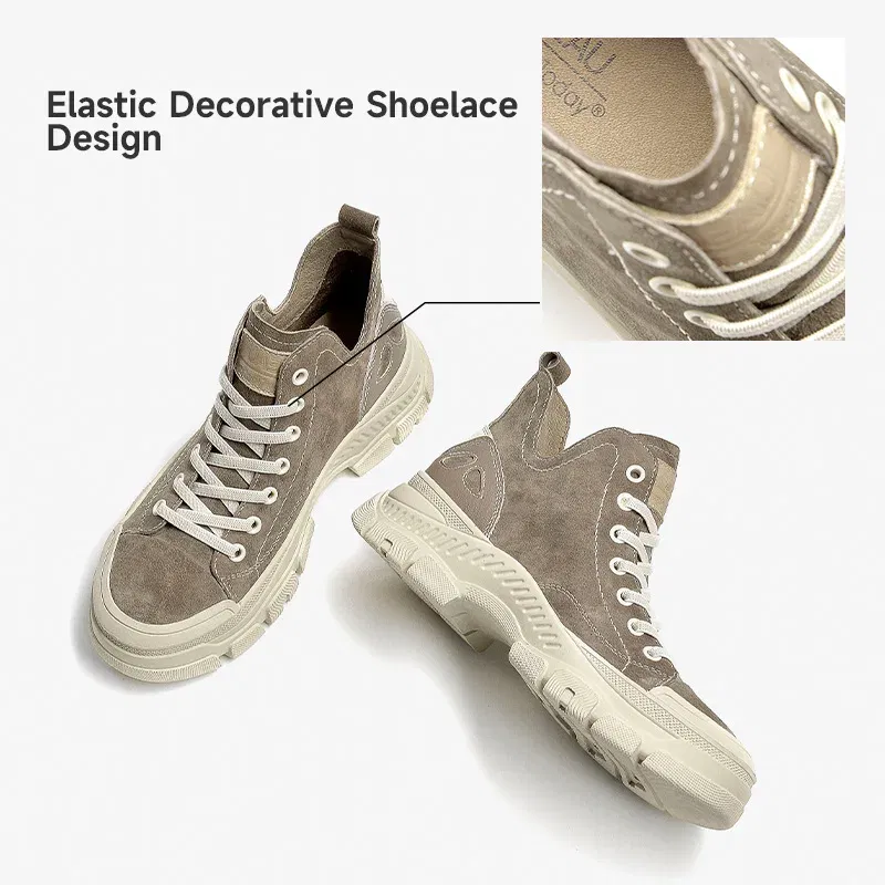 Color: Brown, Shoe Size: 7 - BeauToday Casual Sneakers Women Suede Leather Round Toe Lace-Free High Top Ladies Retro Fashion Flat Shoes Handmade 29575