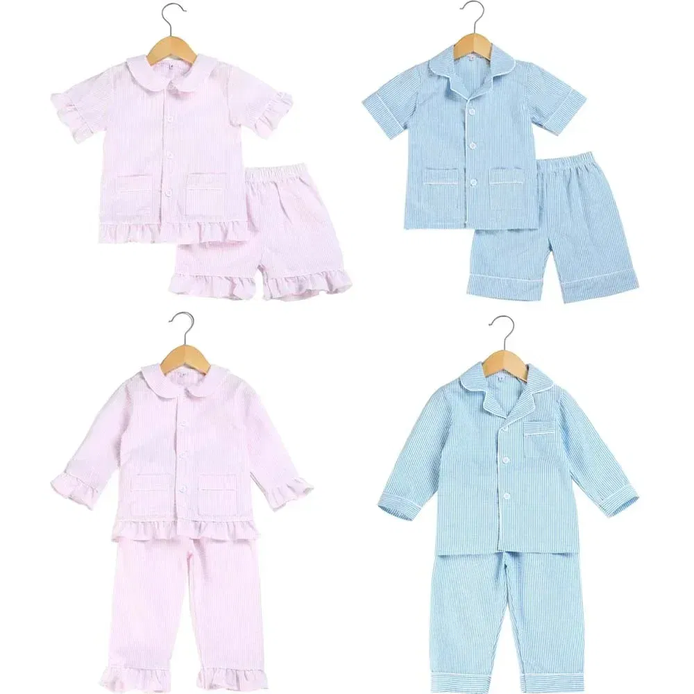 Color: Dark Grey, Ships From: CHINA, Kid Size: 2T - Ruffkids 100% Cotton Summer Kids Pajamas Sleepwear Seersucker Striped Matching Pjs Boys Clothes Loungewear Girls Pyjamas Set