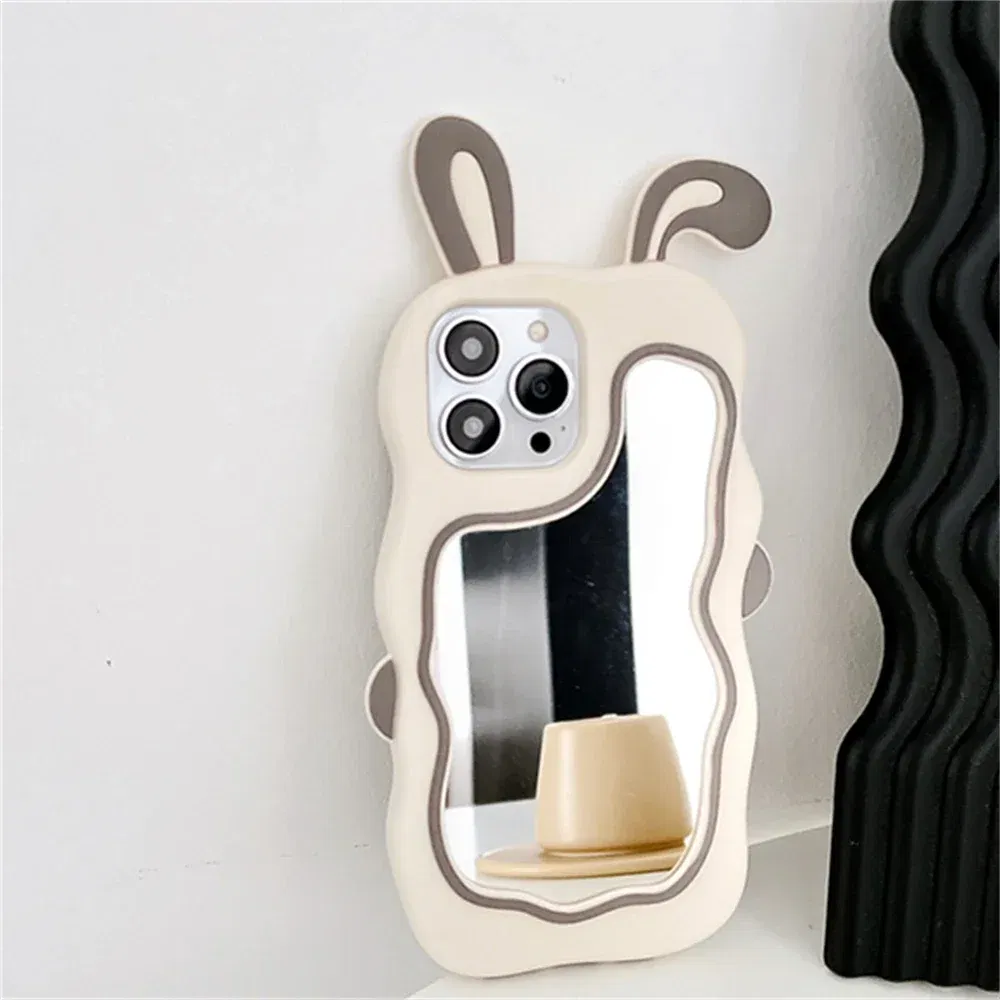 Color: Beige, Material: EVA - Cute Bunny Ears Mirror Phone Case For iPhone 15 14 Plus 13 12 11 Pro Max Shockproof Silicone Case
