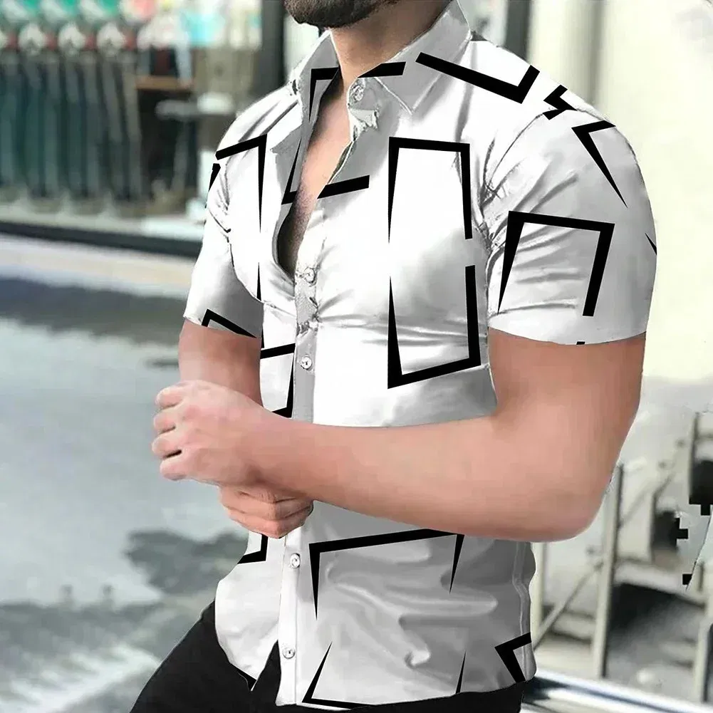 Color: SKY BLUE, Size: XXL - 3D Men's Striped Printed Short Sleeve Shirt, Fashionable And Casual Loose Shirt, 2023 New Style.