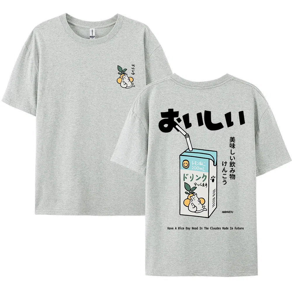 Color: GRAY, Size: XXL - Cute Japanese Cat Print Oversized T-shirt men Women Short Sleeve Loose Casual Tee Shirt Streetwear Tops Cotton Harajuku Clothing
