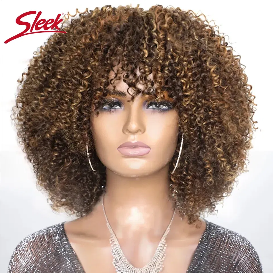 Hair Color: Natural Dark, Stretched Length: 12INCHES, Density: 230% - Sleek P4/27 Afro Kinky Curly Human Hair Bob Wigs Brazilian Highlight T1b/30 Remy Hair With Bang 250% Density Black Human Hair