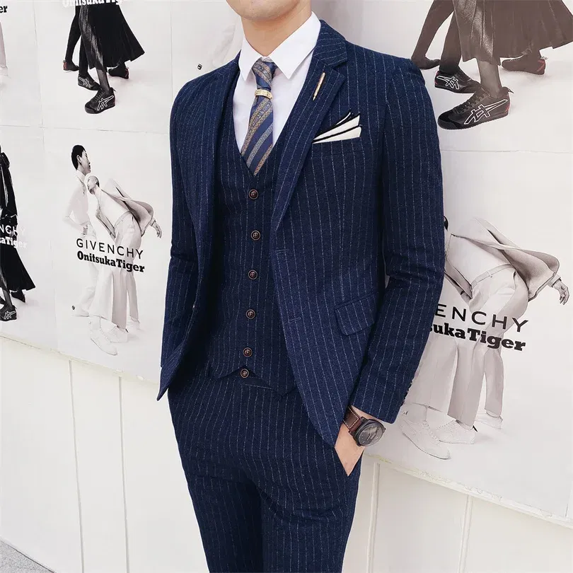 Color: WHITE, Size: XXXL - Gray Men Classic Striped/Checked Suits, Business Office 3 Piece, Asian Size Slim Fit Men Dress Jacket & Pants with Vest, S-4XL