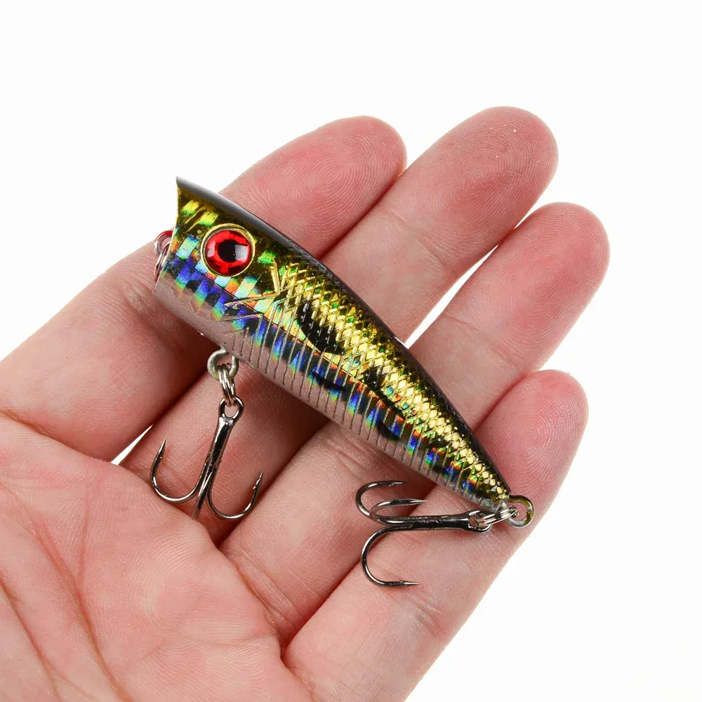 Color: WHITE - 1pc Popper Fishing Lure 6cm/6.5g Hard Bait Artificial Topwater Bass Trout Pike Wobbler Fishing Tackle with 2 Treble Hooks