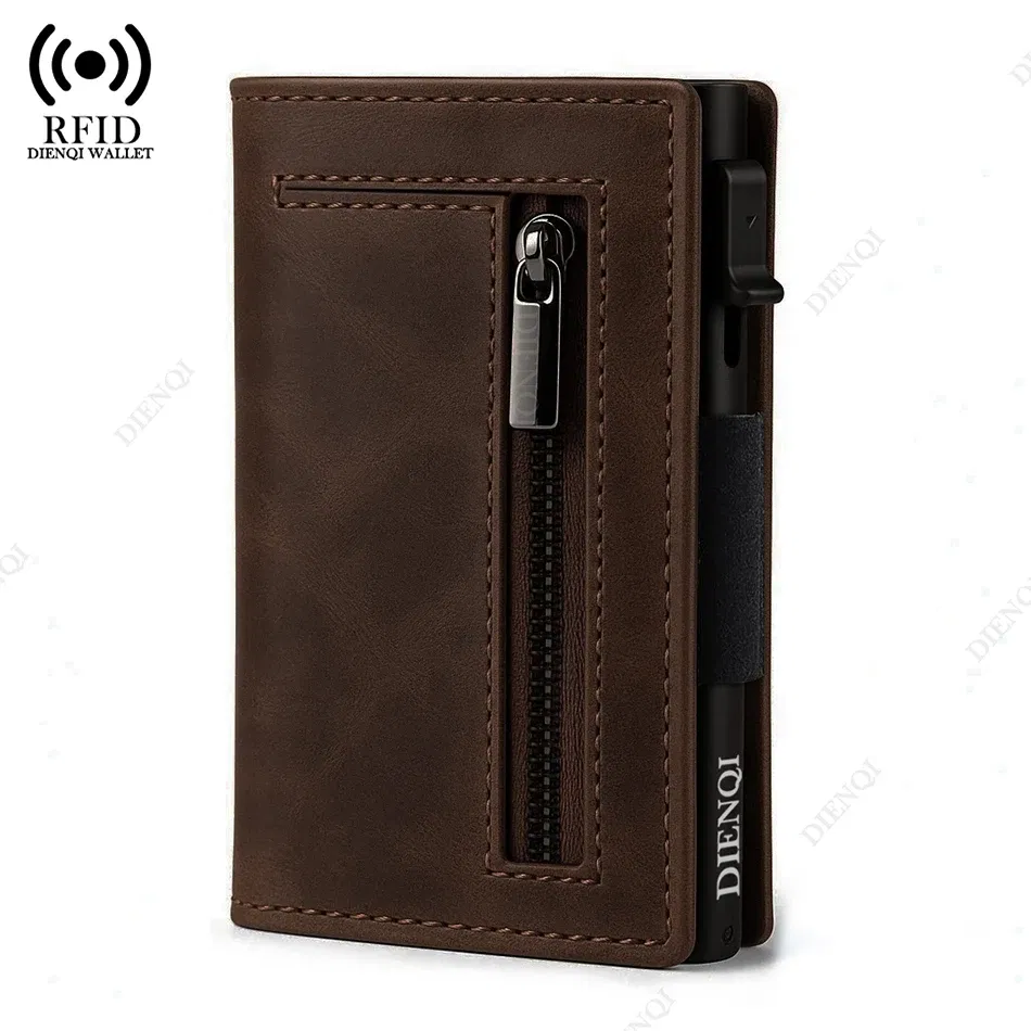 Color: Brown - Luxury RFID Blocking Card Holder Men Wallets Money Bag Metal Credit Cardholder Aluminium Slim Thin Smart Minimalistic Wallets