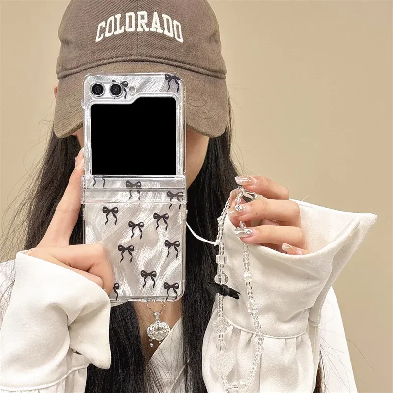 Color: SKY BLUE, Material: Neoprene - For Samsung Galaxy Z Flip 3 4 5 6 Case Cute Pink Black Bow Feather Cards Bracelet Cover For Samsung Z Flip3 Flip4 ZFlip5