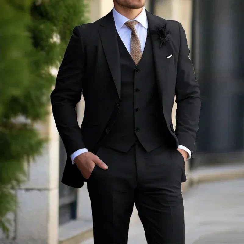 Color: black, Size: 4XL - 3 Pieces Beige Suits for Men Fashion Slim Fit Blazer Vest Pants Set Formal Business Wedding Tuxedos for Men Casual Clothing