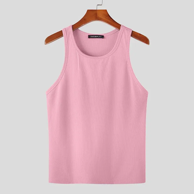 Color: Pink, Size: S - INCERUN Men Tank Tops Solid Color O-neck Sleeveless Streetwear Summer Casual Vests Skinny 2023 Fashion Leisure Men Clothing 5XL