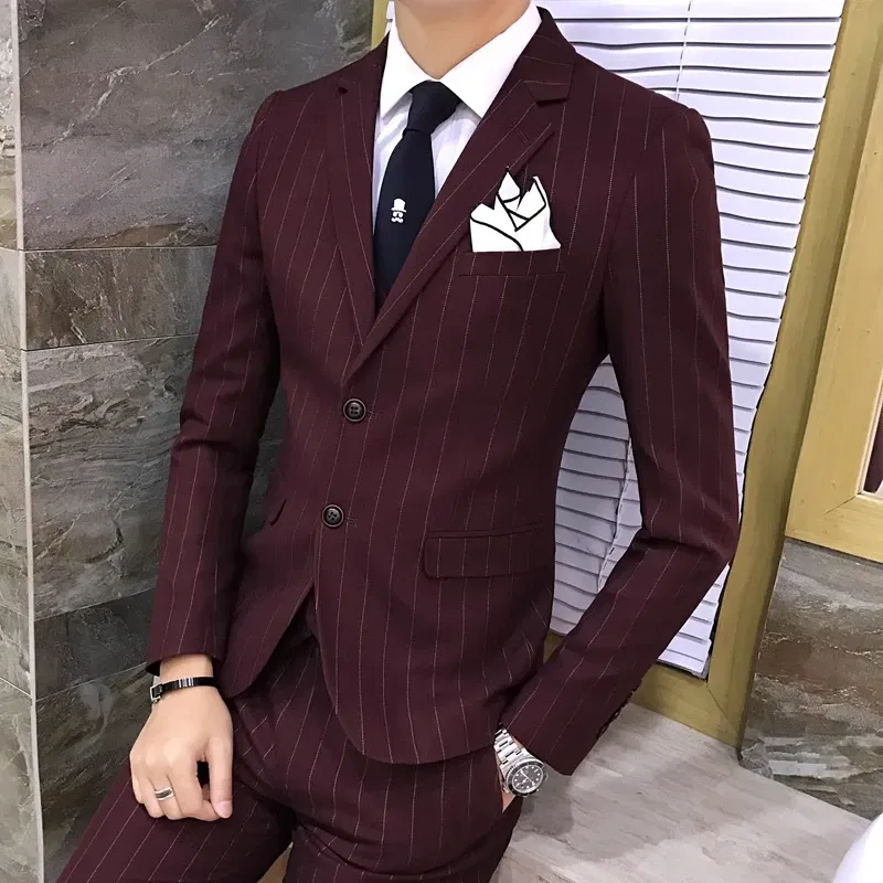 Color: Orange, Size: XL - Gray Men Classic Striped/Checked Suits, Business Office 3 Piece, Asian Size Slim Fit Men Dress Jacket & Pants with Vest, S-4XL