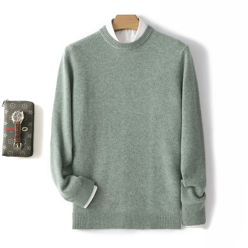 Color: Mint, Size: L, Ships From: CHINA - Men's 100% Pure Wool Cashmere Sweater O-Neck Pullover Knit Sweater Autumn and Winter New Long Sleeve High-End Jumpers Thick Tops