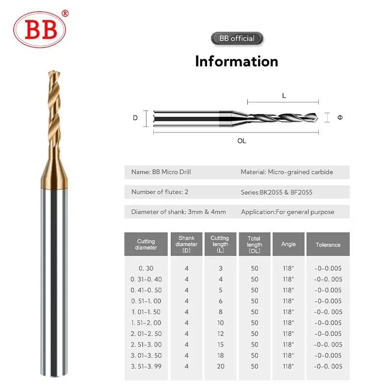 Hole Diameter: 85mm - BB 2.03-3.75mm Micro Drill Mini Coated Solid Carbide Bit Metal Iron Steel Hole Drilling 3xD Cutting Length D=4mm CNC Tool 1pcs