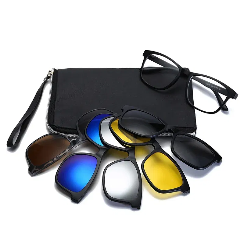 Lenses Color: GRAY, Ships From: CHINA, Frame Color: WHITE - 6 In 1 Spectacle Frame Men Women With 5 PCS Clip On Polarized Sunglasses Magnetic Glasses Male Computer Optical 2201