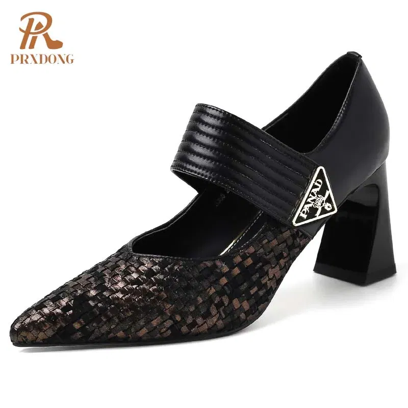 Color: black, Shoe Size: 35 - PRXDONG Genuine Leather Women Pumps 2025 New Spring Summer High Heels Pointed toe Black Brown Dress Party Female Shoes Size 40