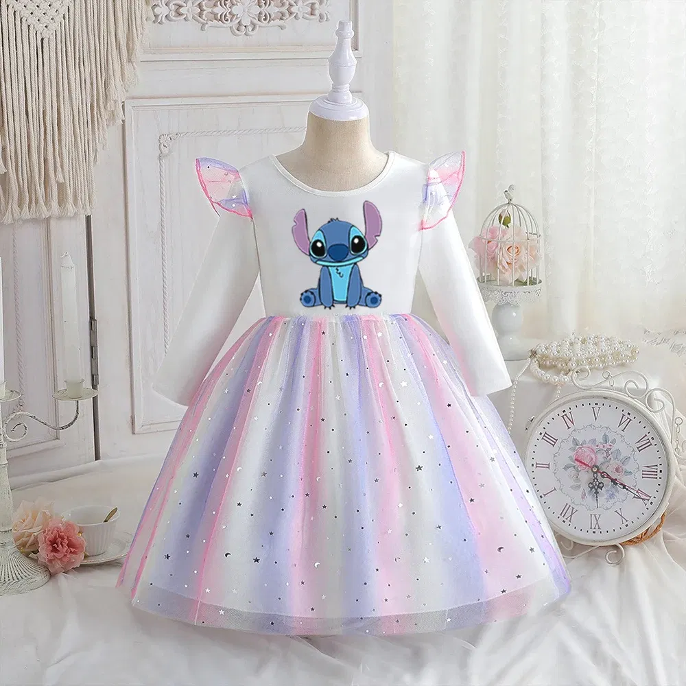 Color: GRAY, Kid Size: 4T - Stitch Princess Dress Autumn New Disney Baby Girls Dress Spring Autumn Long-sleeved For Children Kids Clothes Birthday Party