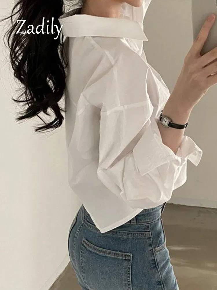 Color: Beige, Size: XXL - Zadily 2023 Spring New Casual Long Sleeve Women White Shirt Korea Style Solid Button Split Woman Crop Tops Blouse Party Clothing