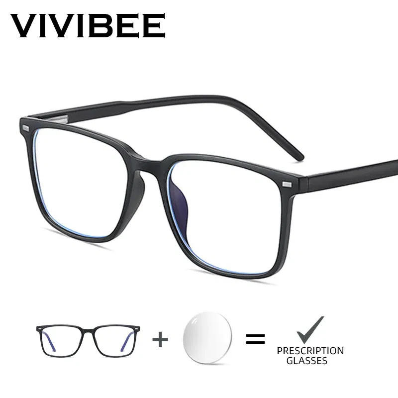Frame Color: GRAY, Prescription Type: Single Version, Lens Index: 1.74, Lens Function: Anti Blue Ray + Photo Brown - VIVIBEE Customized Prescription Glasses Men TR90 Matte Black Square Myopia Eyewear Optical Classic Astigmatism Eyeglasses