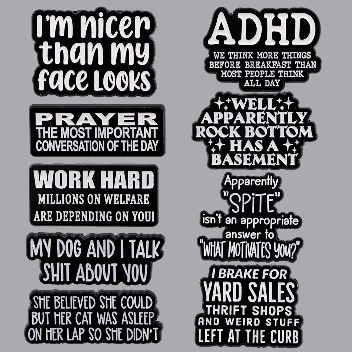 Metal color: SILVER PLATED - Funny Quotes Enamel Pin Black Brooch Pines Lapel Pins Letters Badge on Backpack Clothing Accessories Fashion Jewelry Gifts