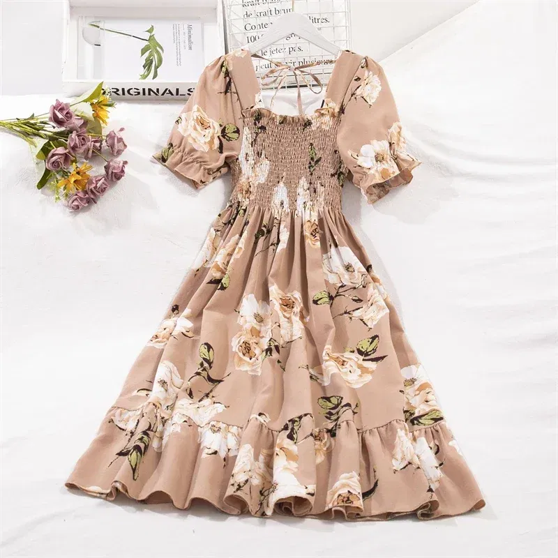 Color: MULTI, Size: One Size - Spring Summer Chiffon Dresses Fashion Female Elastic Waist Short Sleeve Pleated Casual Dress Women A-line Dresses Vestidos
