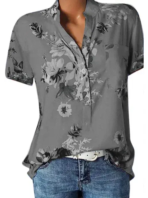 Color: GRAY, Size: XL - Temperament new women's shirt printing large size casual shirt loose V-neck short-sleeved shirt blouse