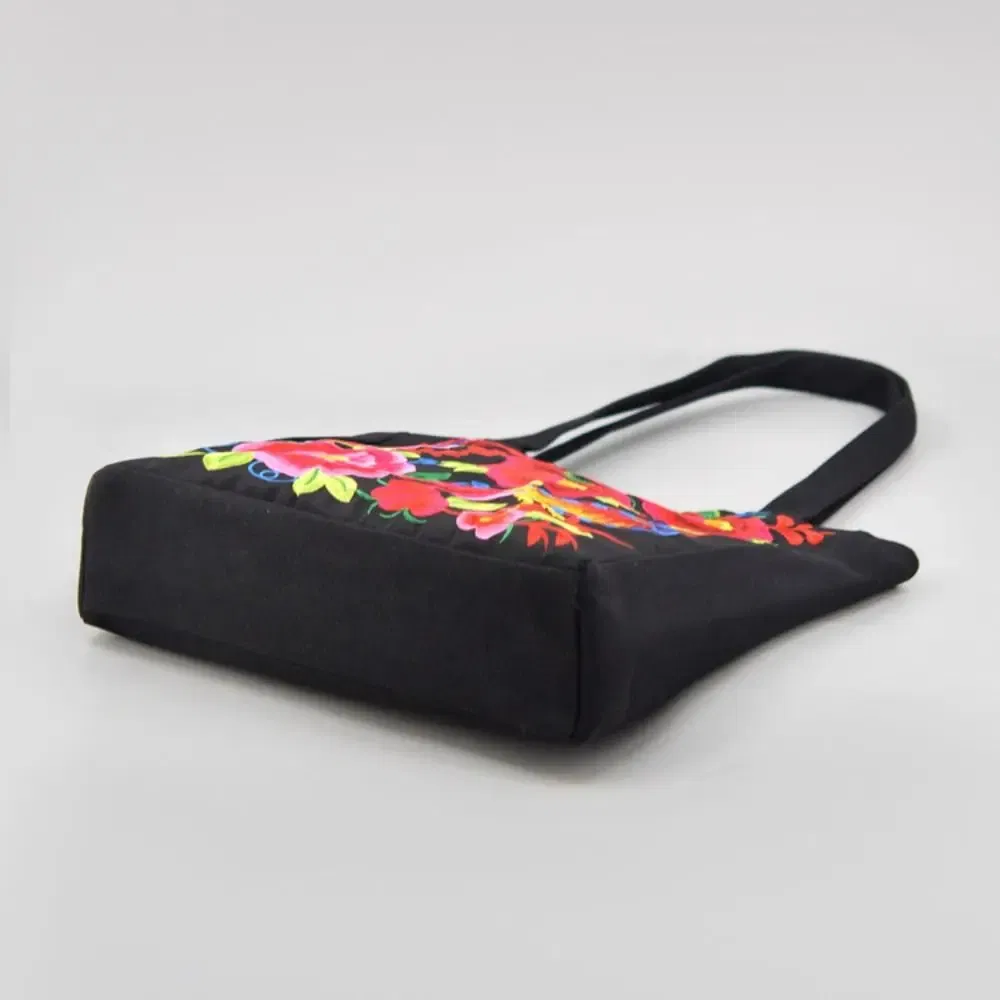 Color: Brown - Ethnic Style Women Shoulder Bag Casual Canvas Large Capacity Embroidered Tote Bag Handbag Colorful Shopping Bag